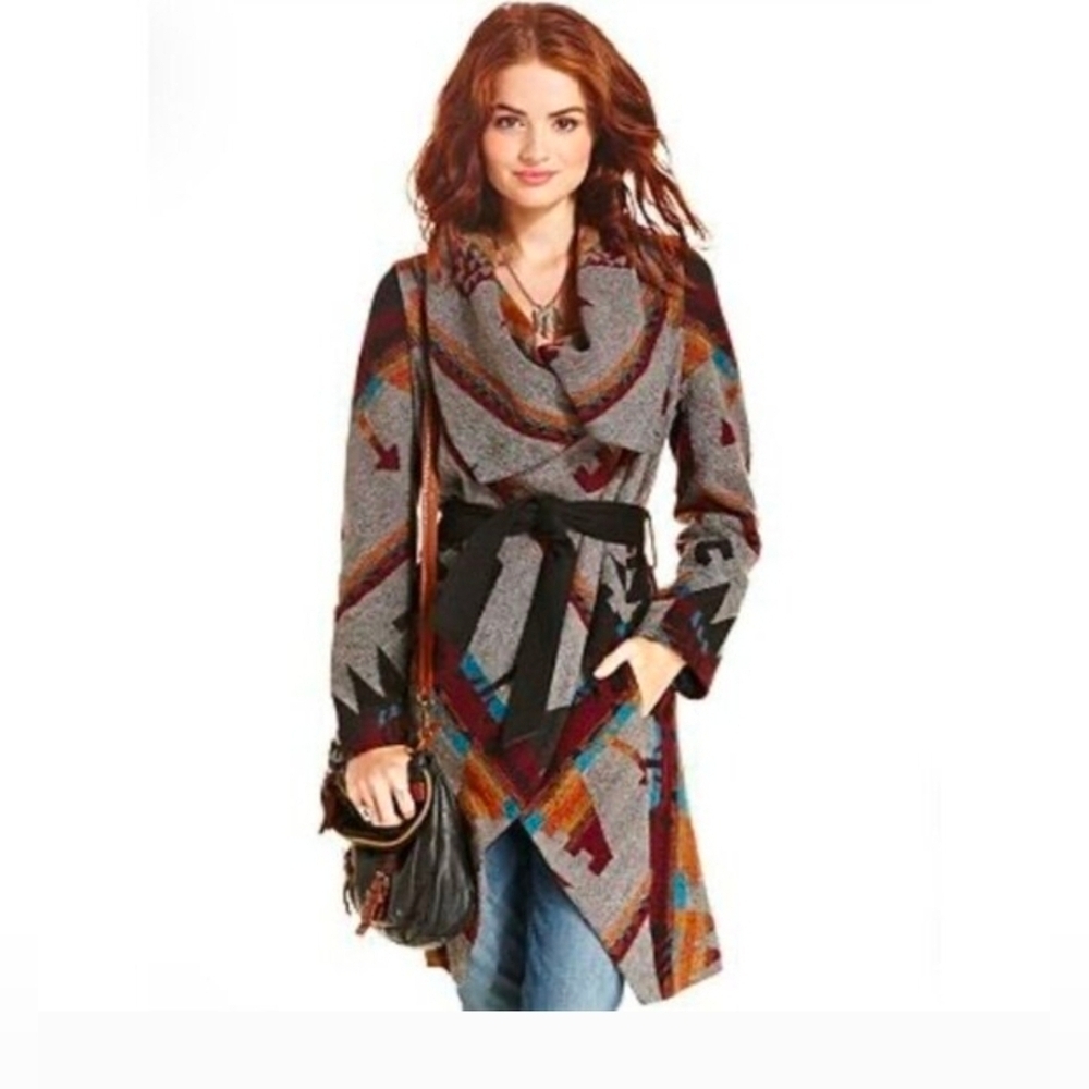 American Rag Cie Southwestern Aztec Print Wrap Coat Cardigan Geometric Belted